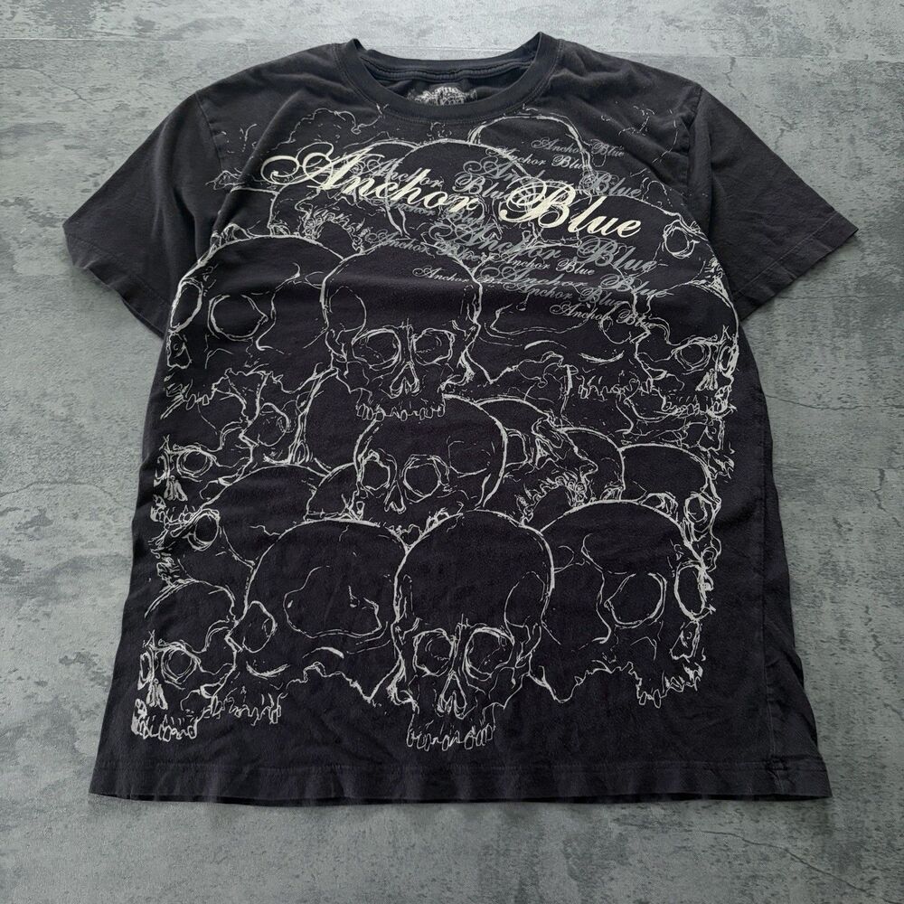 Vintage Y2K Anchor Blue T Shirt Mens XL Black Faded Grunge Skull All Over Print
